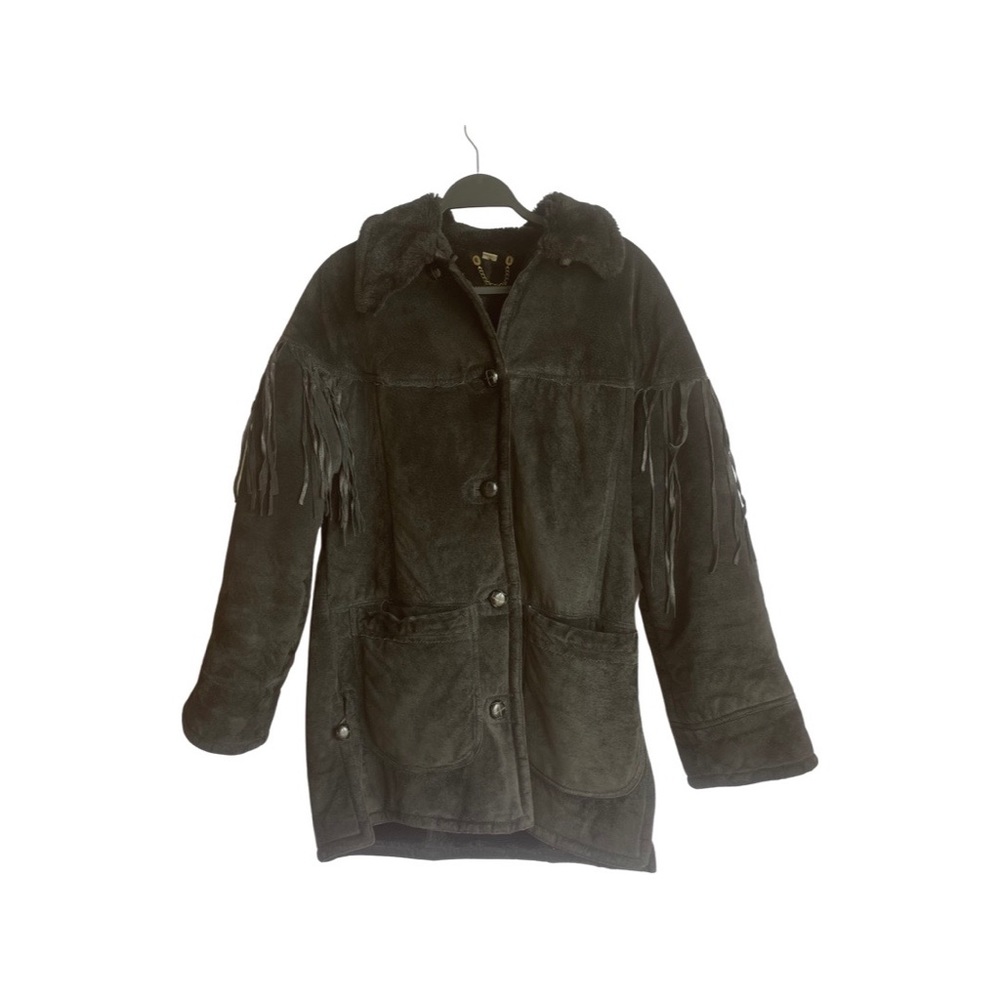 synergy vintage black leather shearling coat with back tassels size small